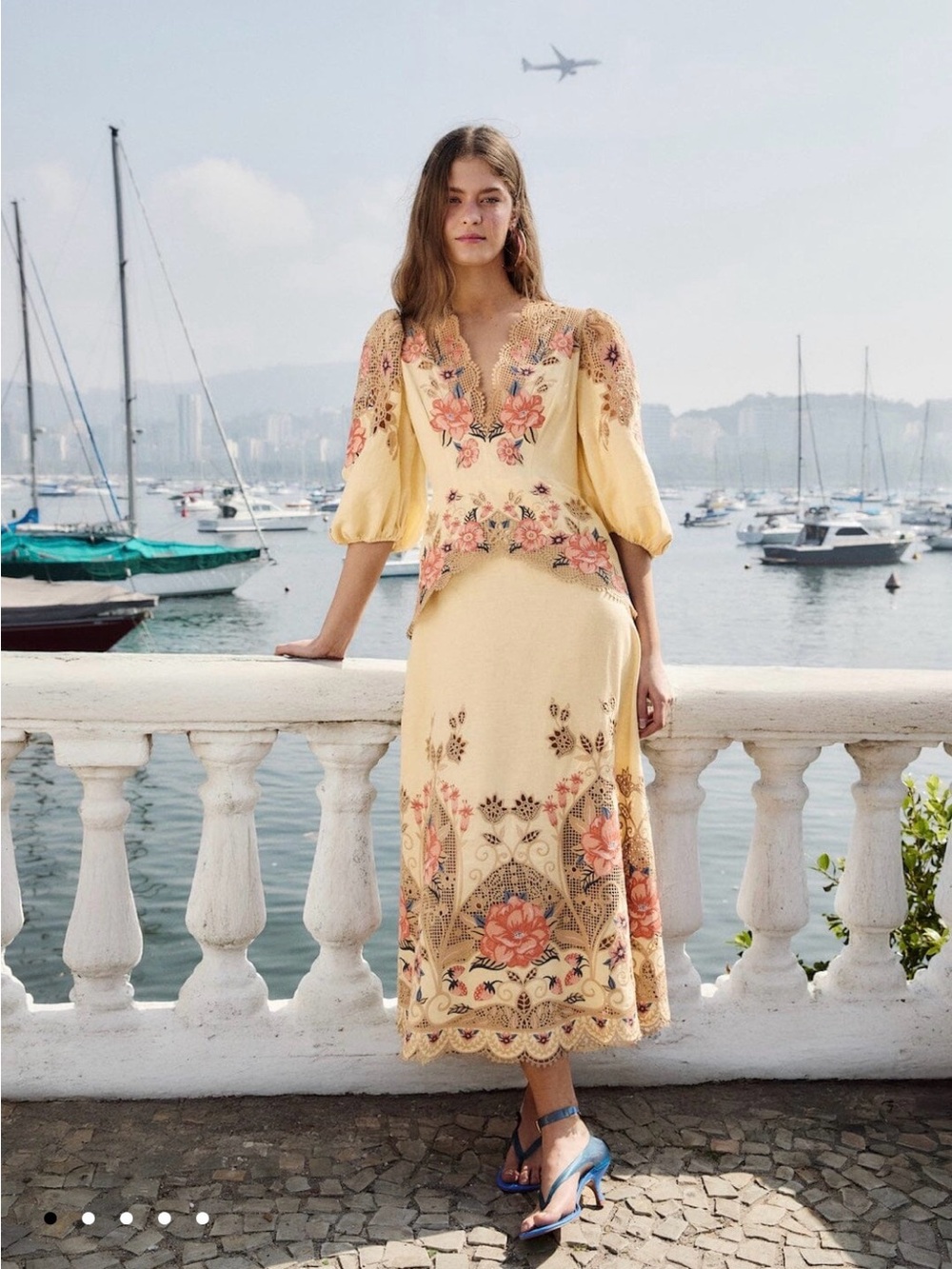 FARM Rio Butter Yellow Embroidered Midi Dress